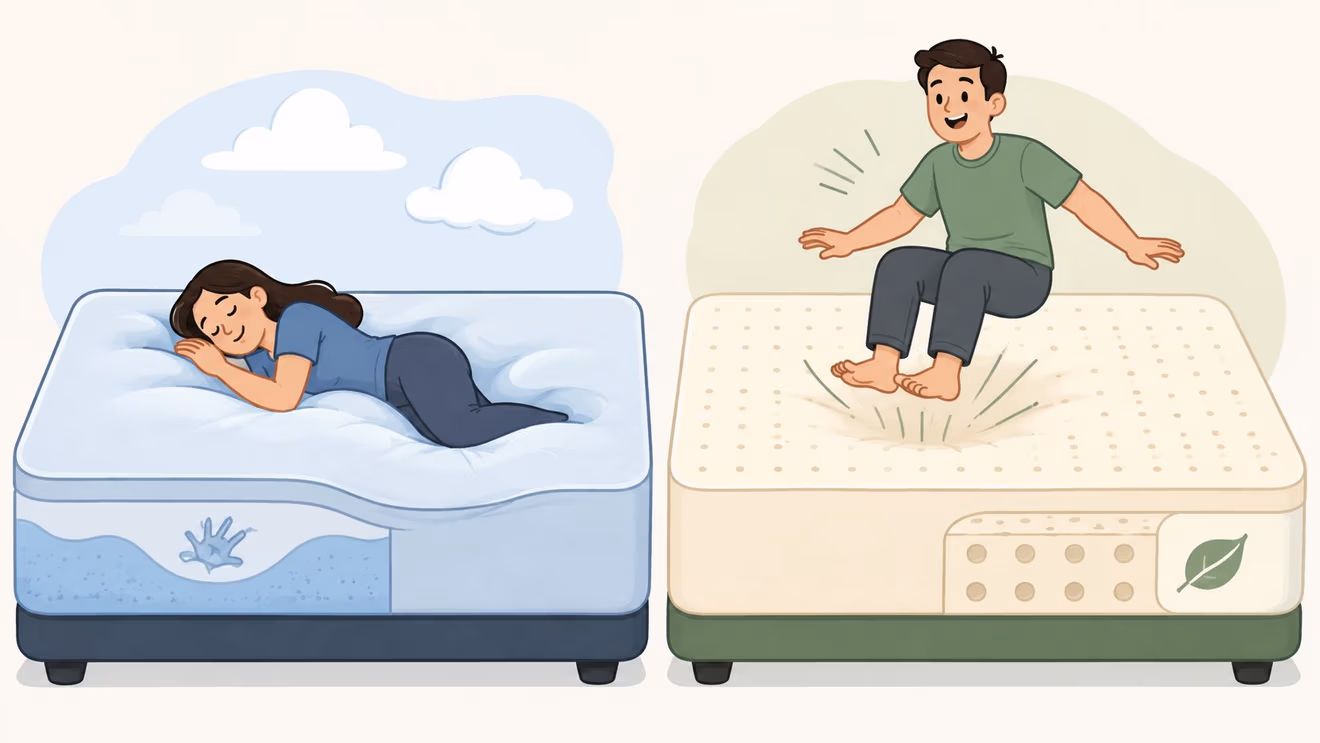 A split illustration comparing a woman sleeping on memory foam and a man bouncing on a latex mattress.
