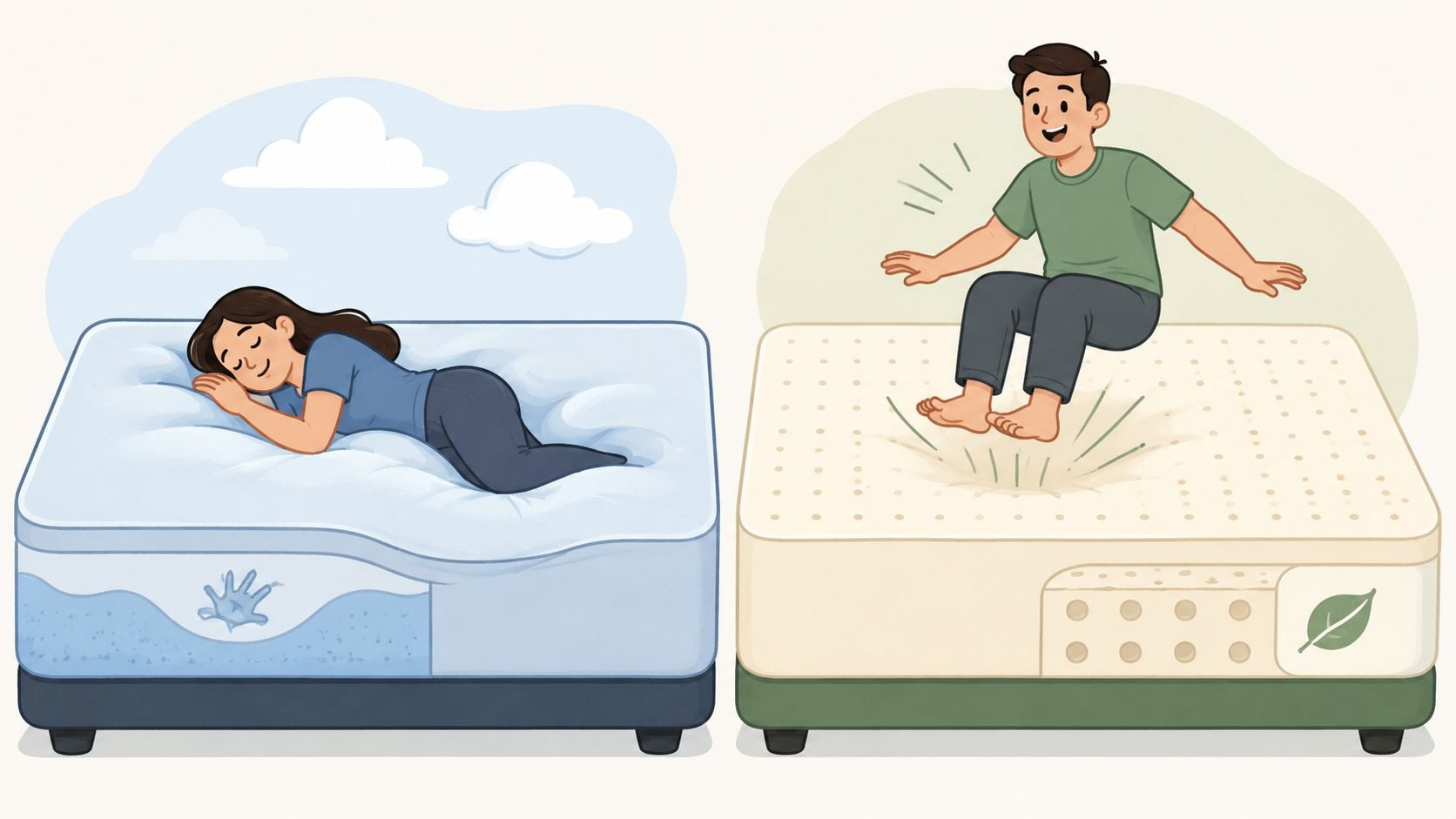 A split illustration comparing a woman sleeping on memory foam and a man bouncing on a latex mattress.