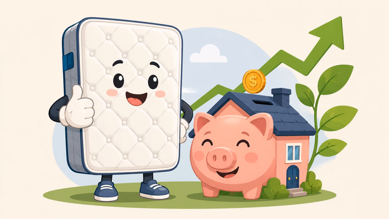 A friendly mattress character standing next to a piggy bank shaped like a house to represent savings.