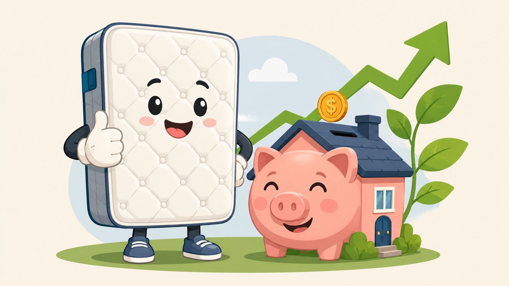 A friendly mattress character standing next to a piggy bank shaped like a house to represent savings.