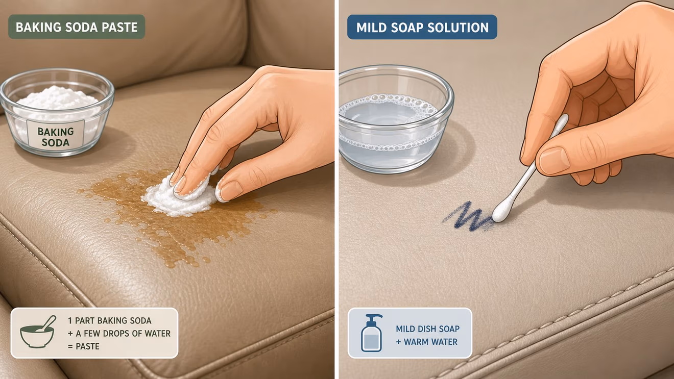 Two panels showing methods to remove stains from a leather couch using baking soda and soap.