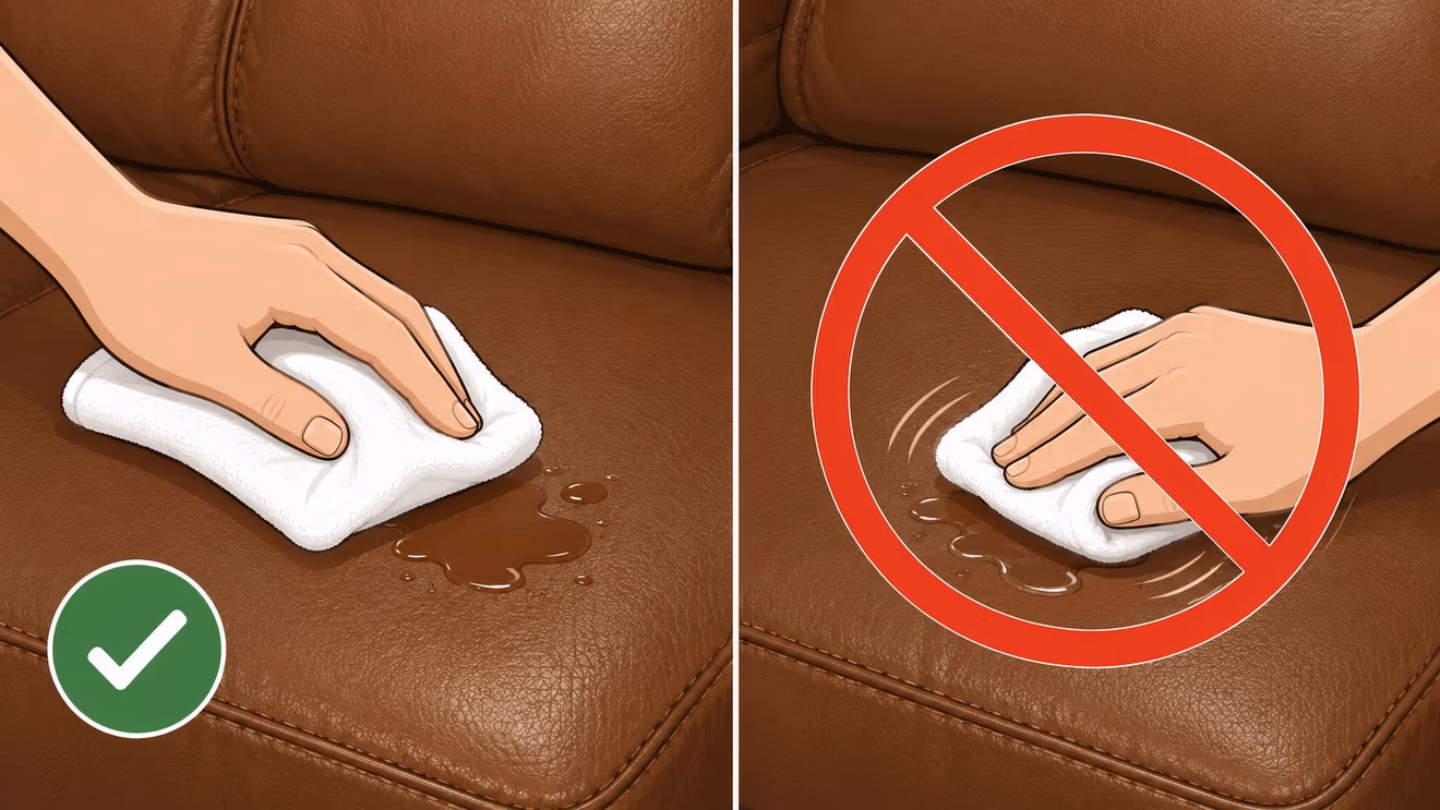 A split-screen illustration showing the correct way to blot a spill on a leather couch versus incorrectly rubbing it.