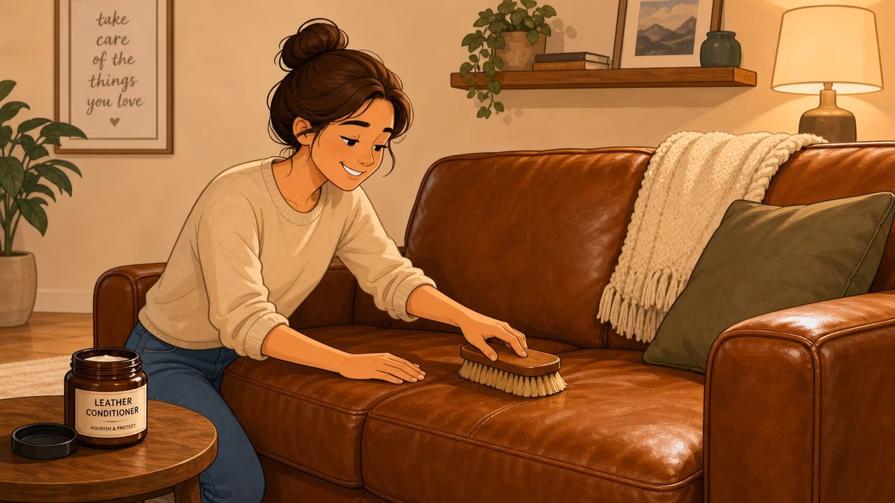 A woman smiling while gently cleaning a brown leather couch with a soft wooden scrubbing brush.