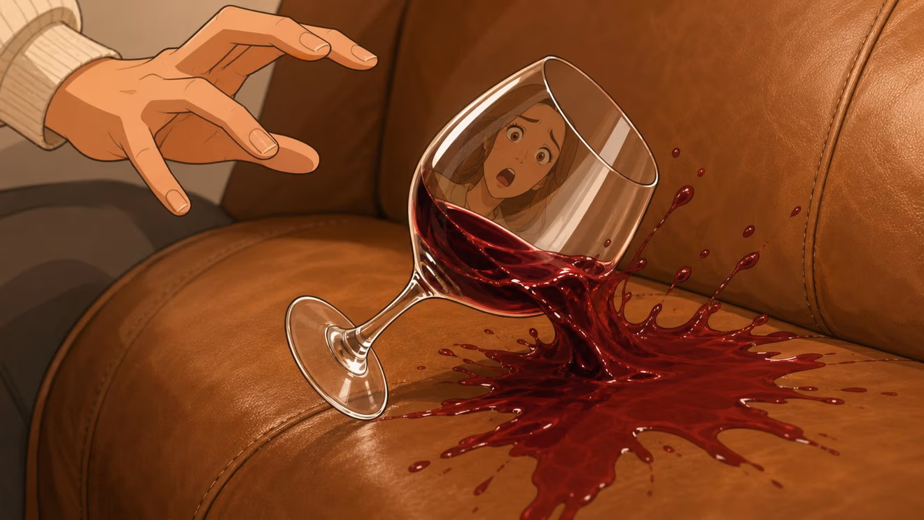 A close up view of a wine glass spilling red wine on a brown leather couch.