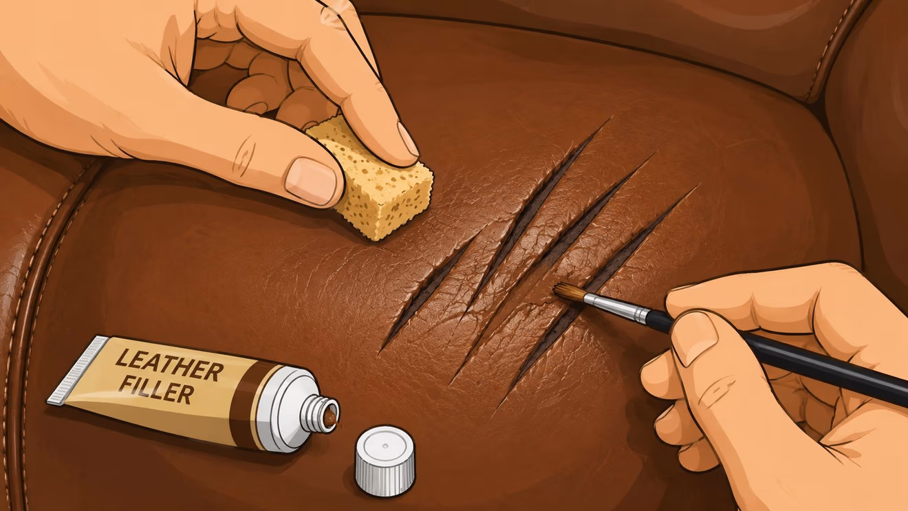 A close-up illustration showing someone repairing deep scratch marks on a brown leather surface using filler.