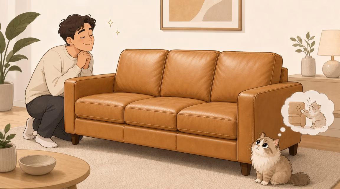 A happy man looks at a new leather sofa while his cat thinks about scratching it.