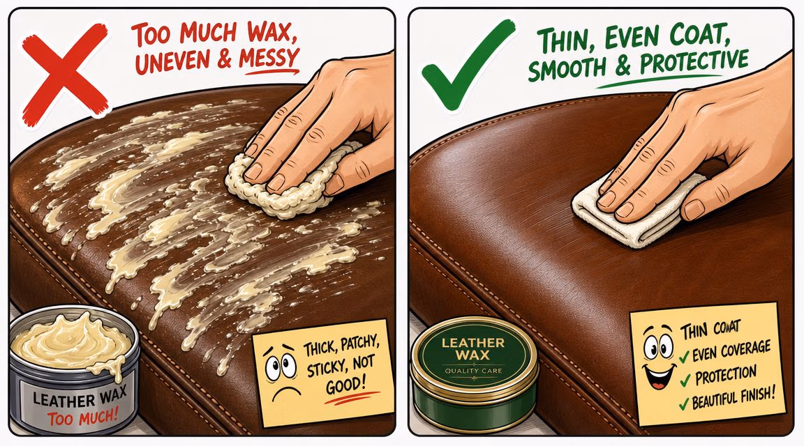 A comparison illustration showing the correct and incorrect ways to apply wax to leather furniture.