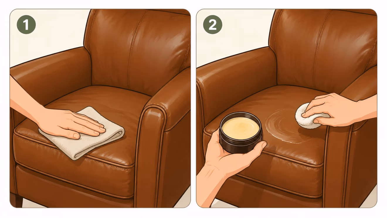 A two-step illustration demonstrating the process of cleaning and conditioning a brown leather armchair.