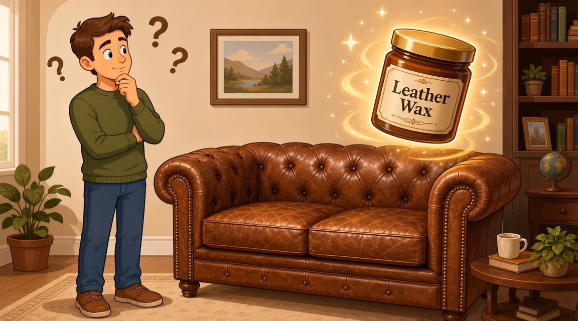 A thoughtful man looking at a brown leather sofa next to a floating jar of leather wax.