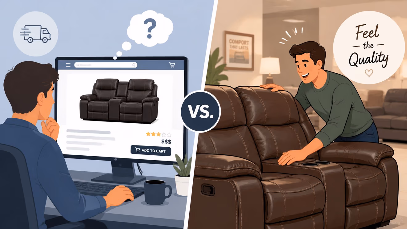 A split illustration comparing online shopping for a leather reclining loveseat to experiencing one in a showroom.