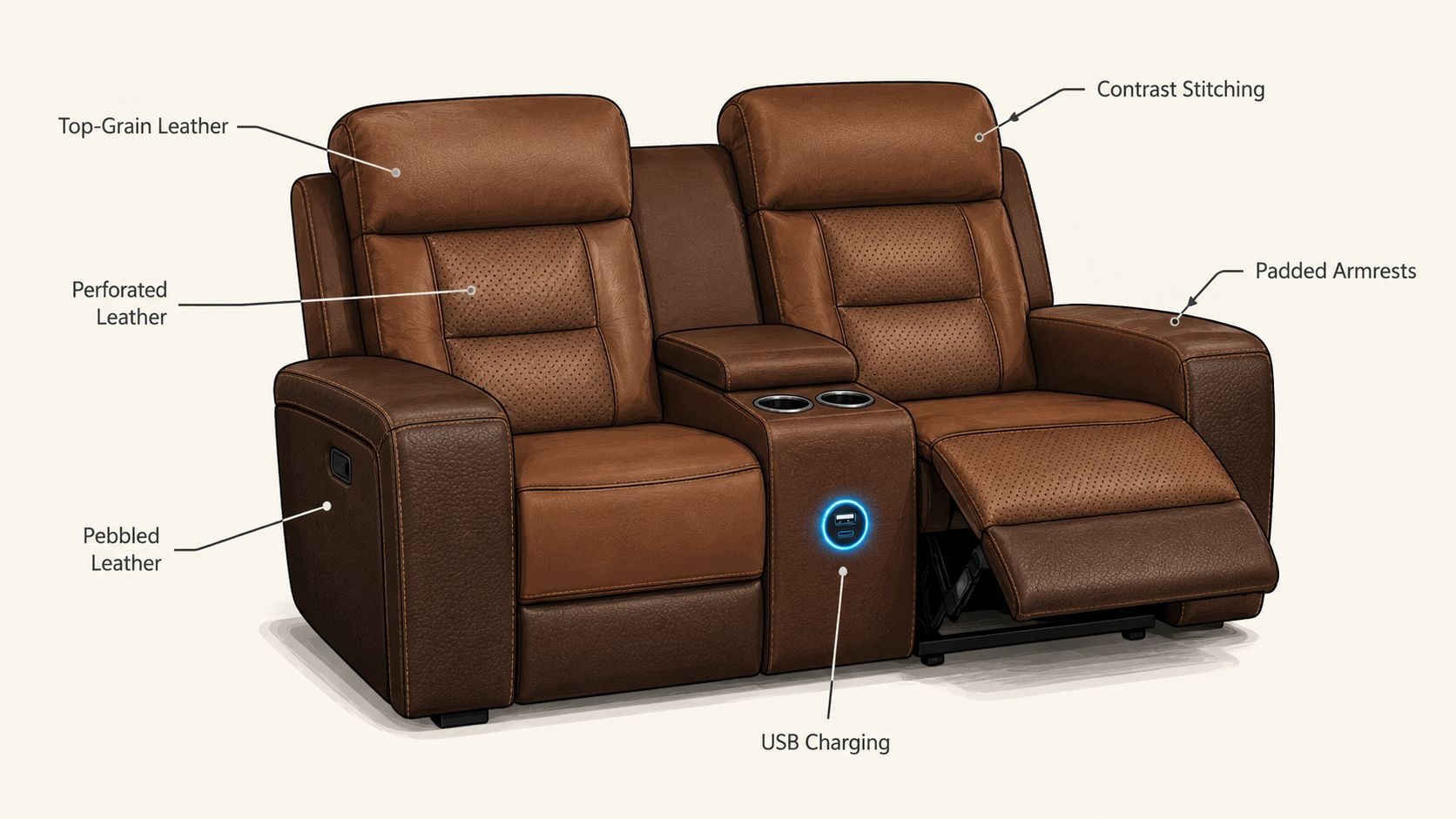 A brown leather loveseat with two reclining seats, a center storage console, and integrated USB charging ports.