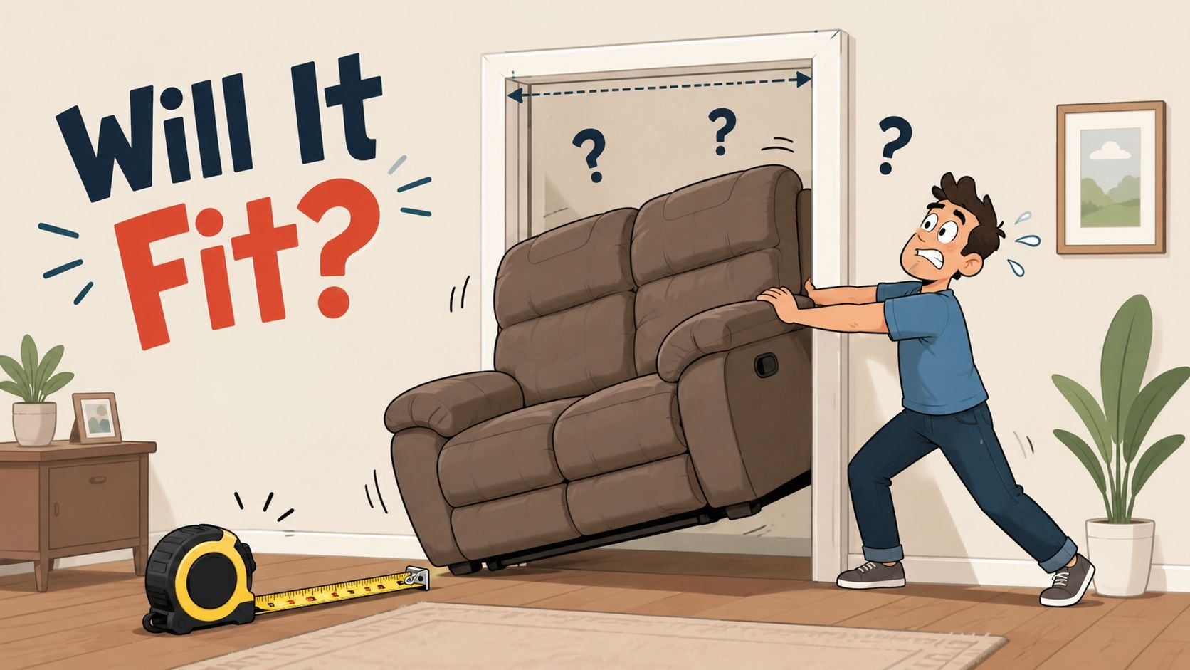A man looking worried while trying to fit a leather reclining loveseat through a narrow door frame.