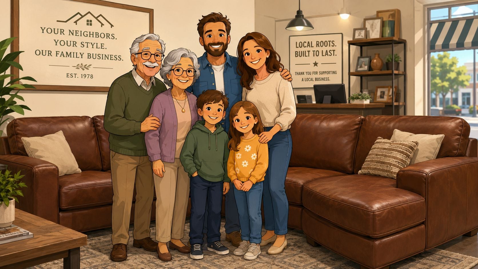Three generations of a happy family posing together in a furniture store next to a leather sofa.