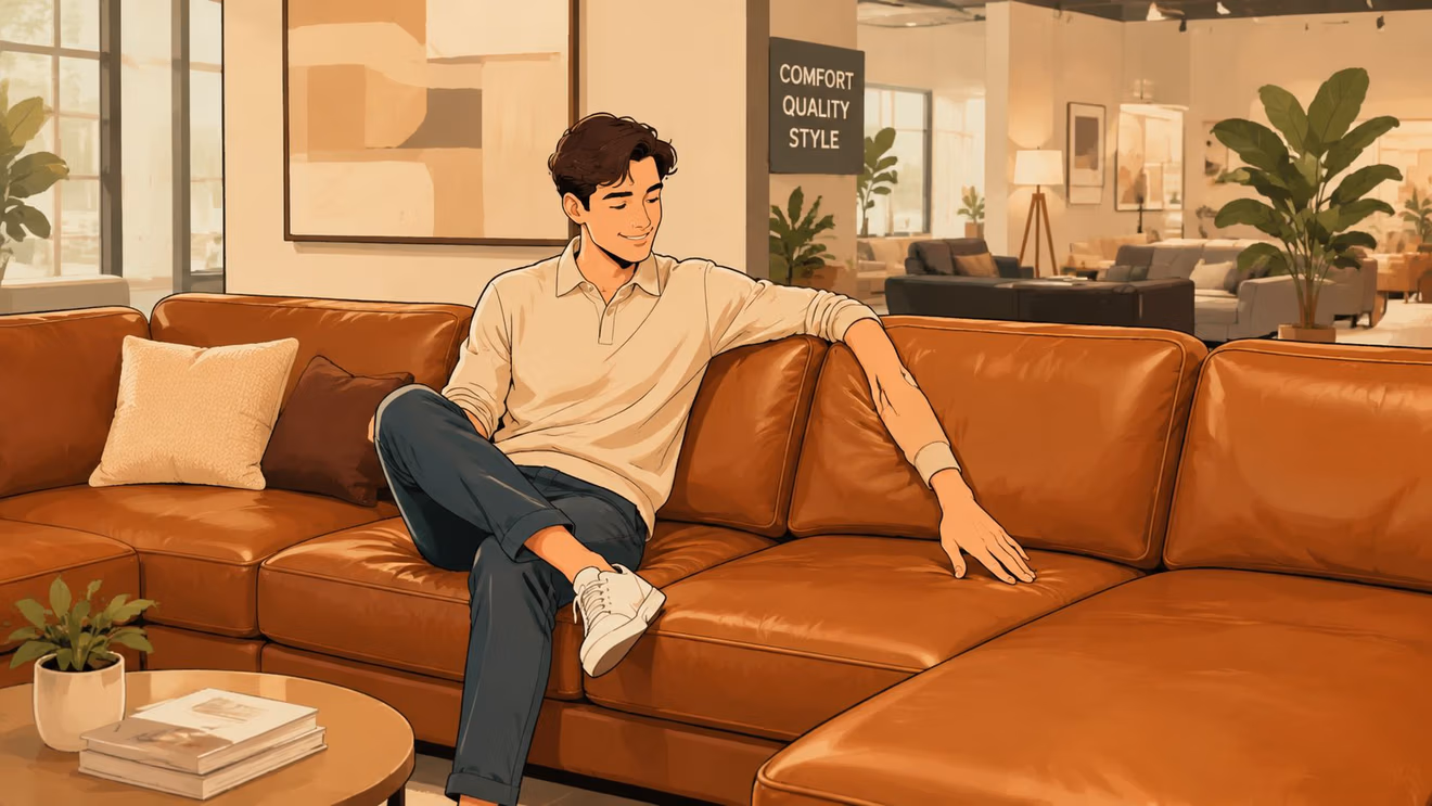 A happy young man in a beige polo shirt sitting on a stylish tan leather sectional sofa