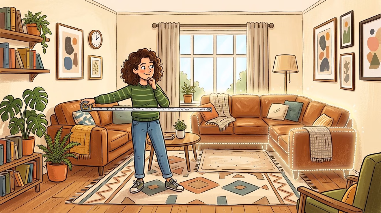 A woman measuring a modern leather sectional sofa in a cozy, decorated living room.