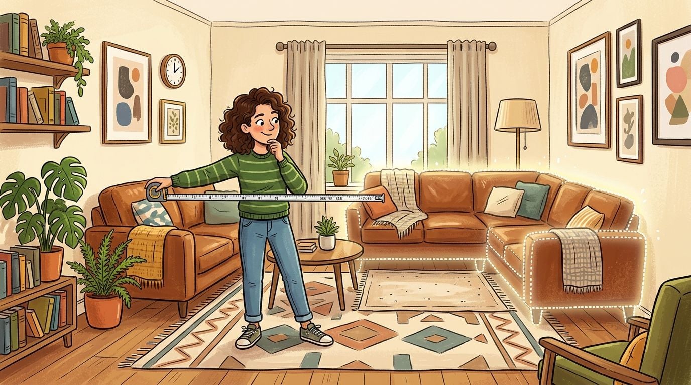 A woman measuring a modern leather sectional sofa in a cozy, decorated living room.