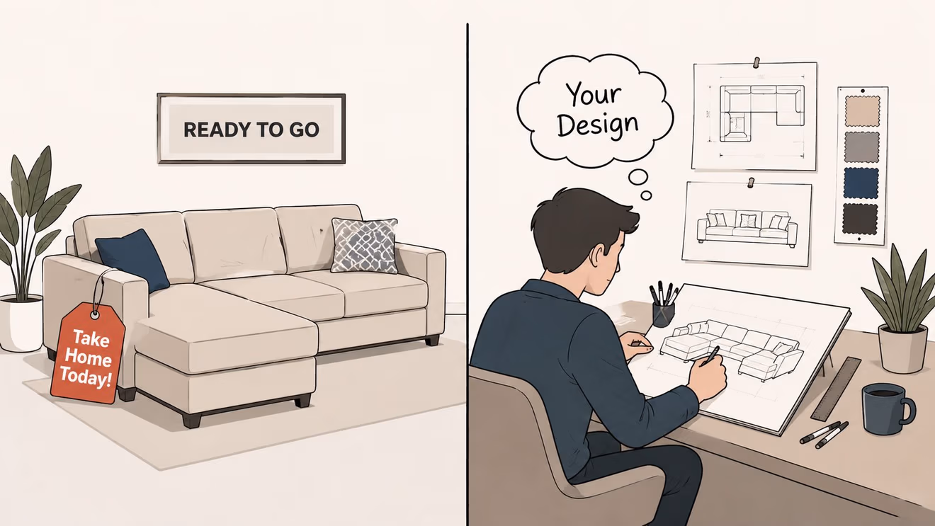 A split image showing a ready-made sectional sofa on the left and a custom furniture design process.