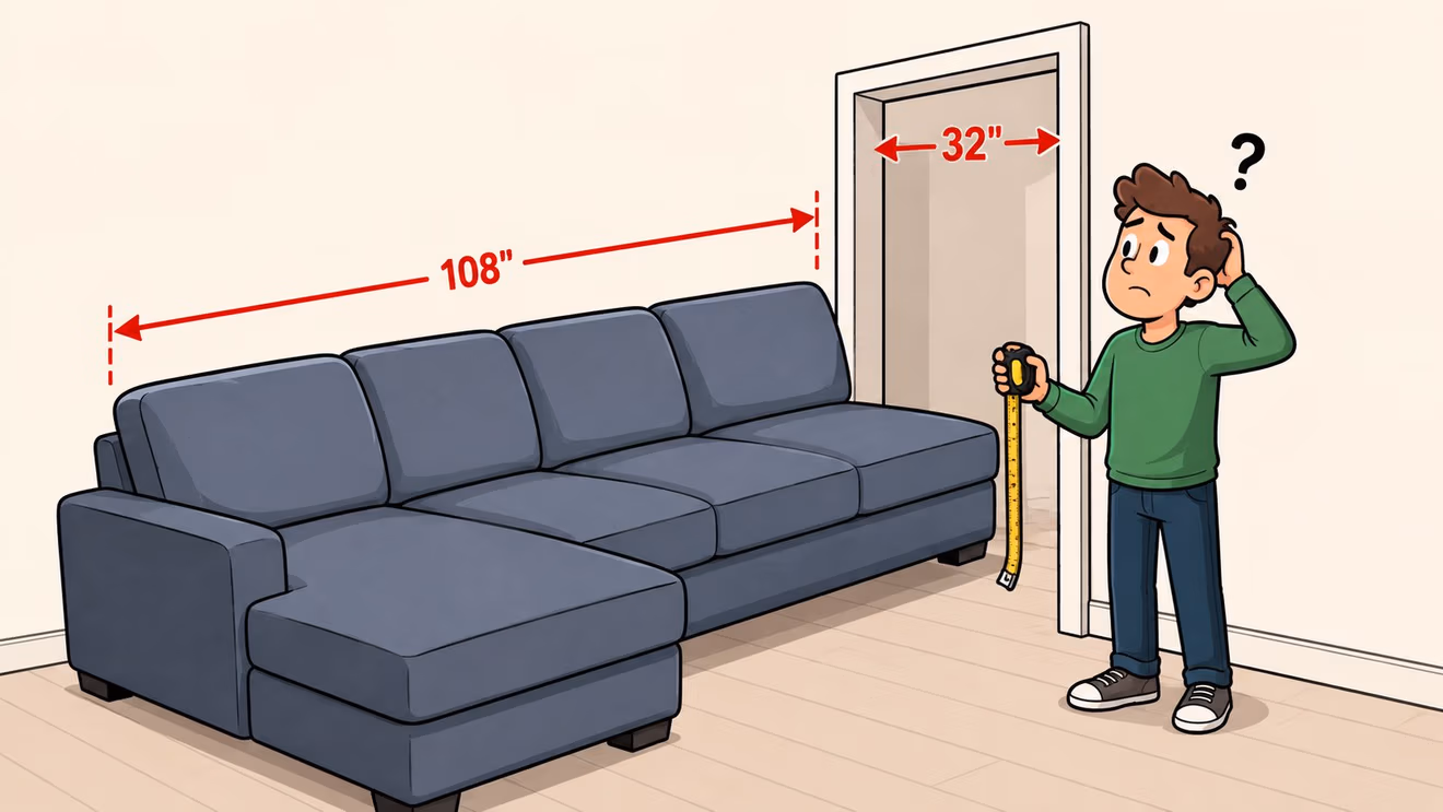 A confused person holding a tape measure, comparing a large sectional sofa to a narrow doorway.