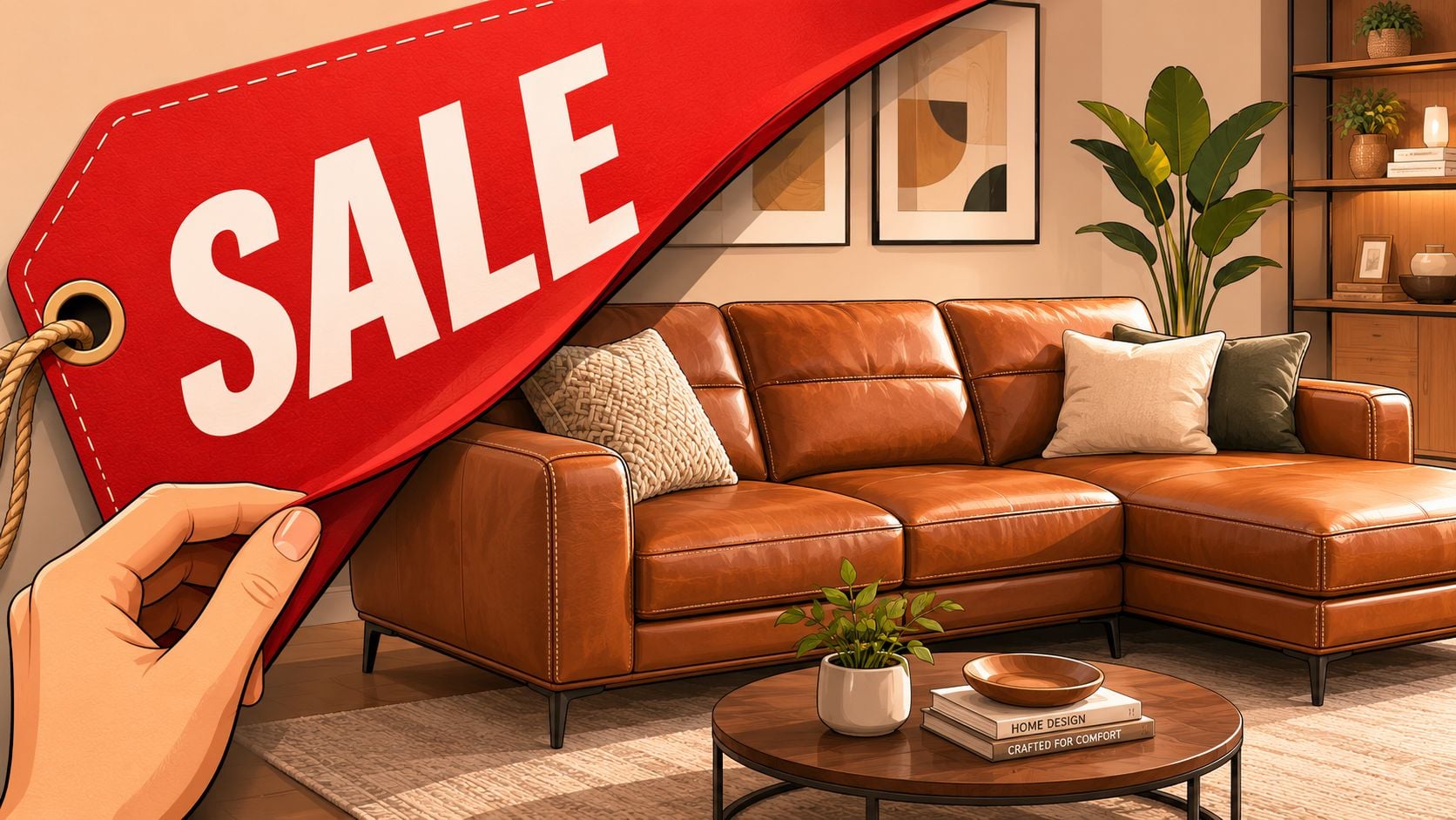 A hand holds a large red sale tag in front of a modern brown leather sectional sofa.