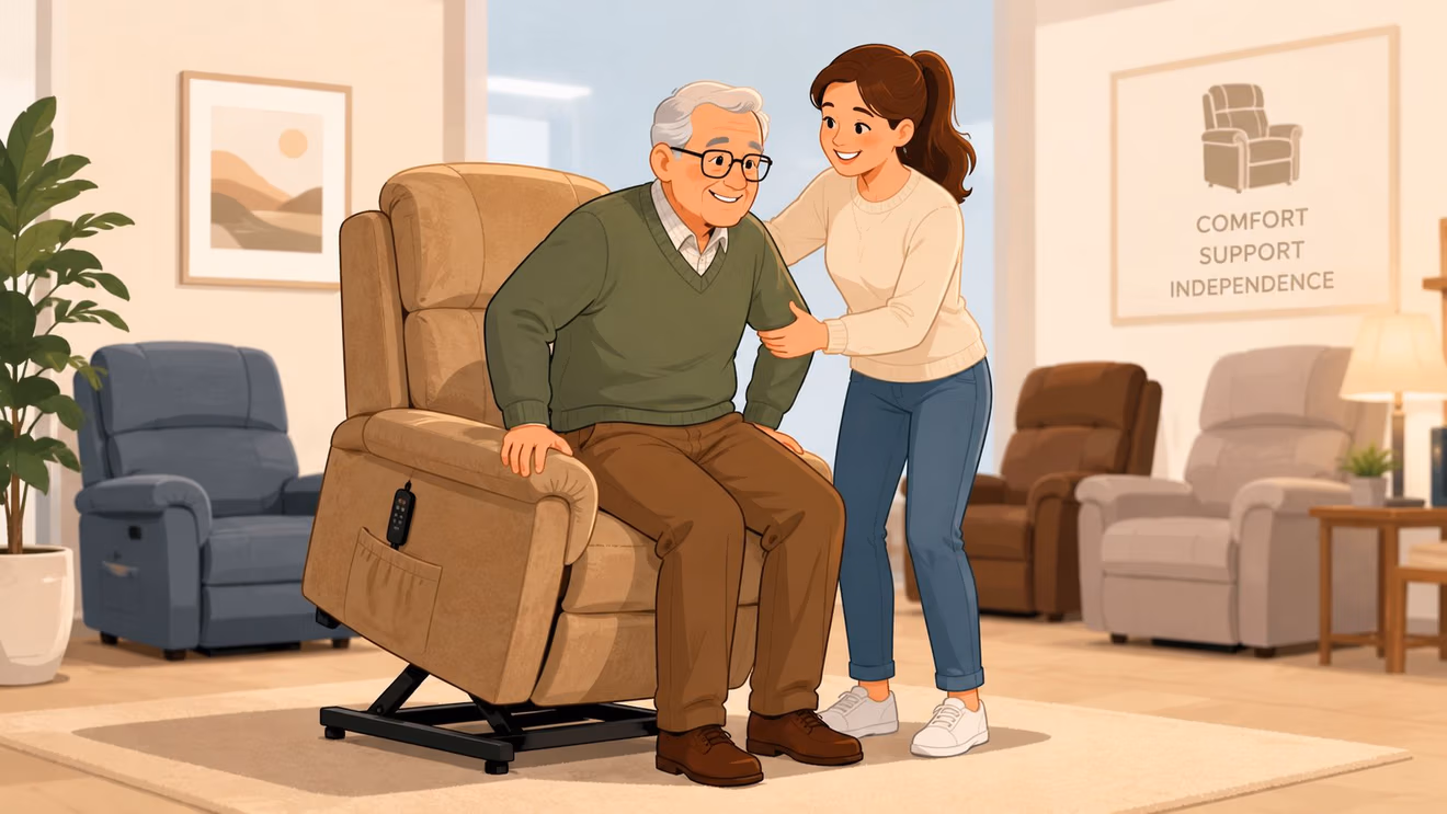 A smiling young woman assisting an elderly man rising from a beige power lift recliner chair.