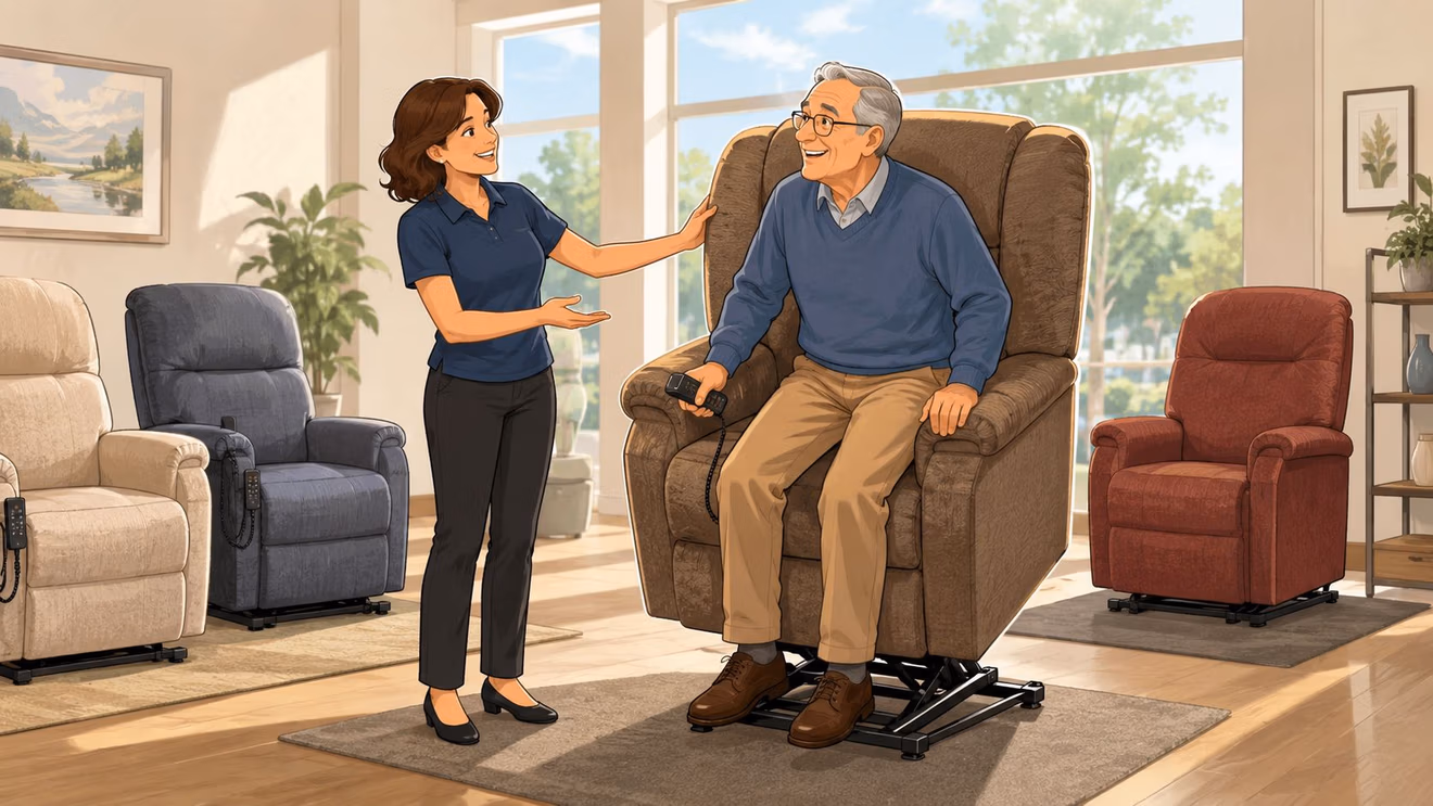 A friendly caregiver assisting a smiling elderly man using a brown power lift chair in a furniture showroom.