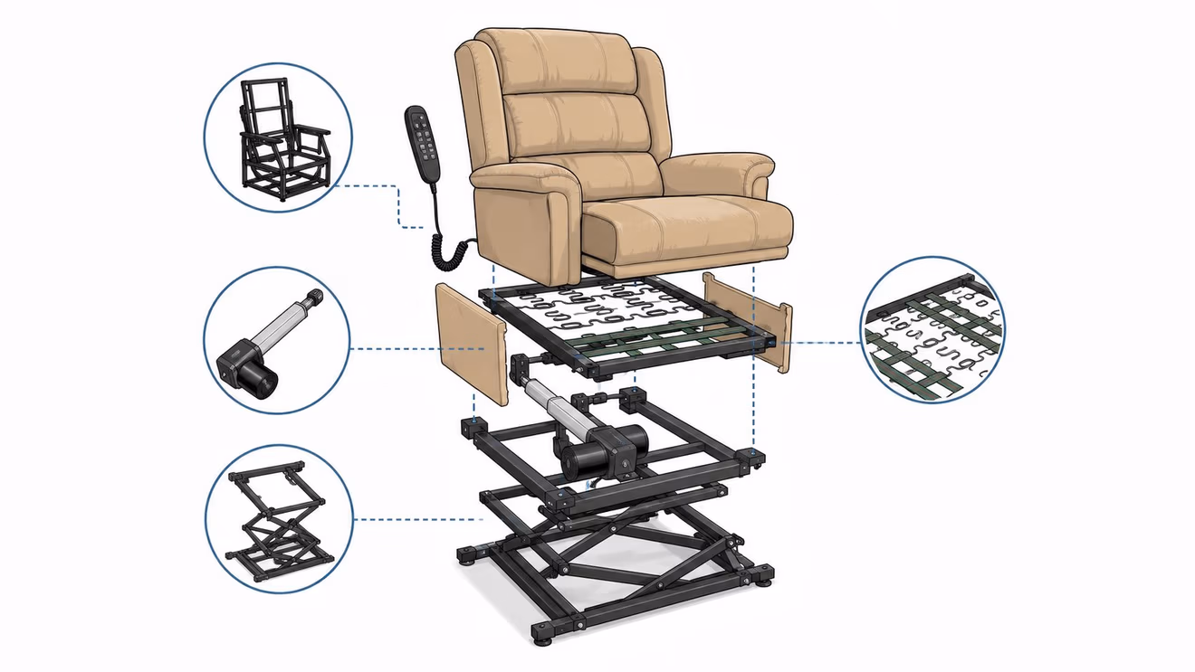An exploded view diagram showing the mechanical components and lift mechanism of a power lift recliner chair.