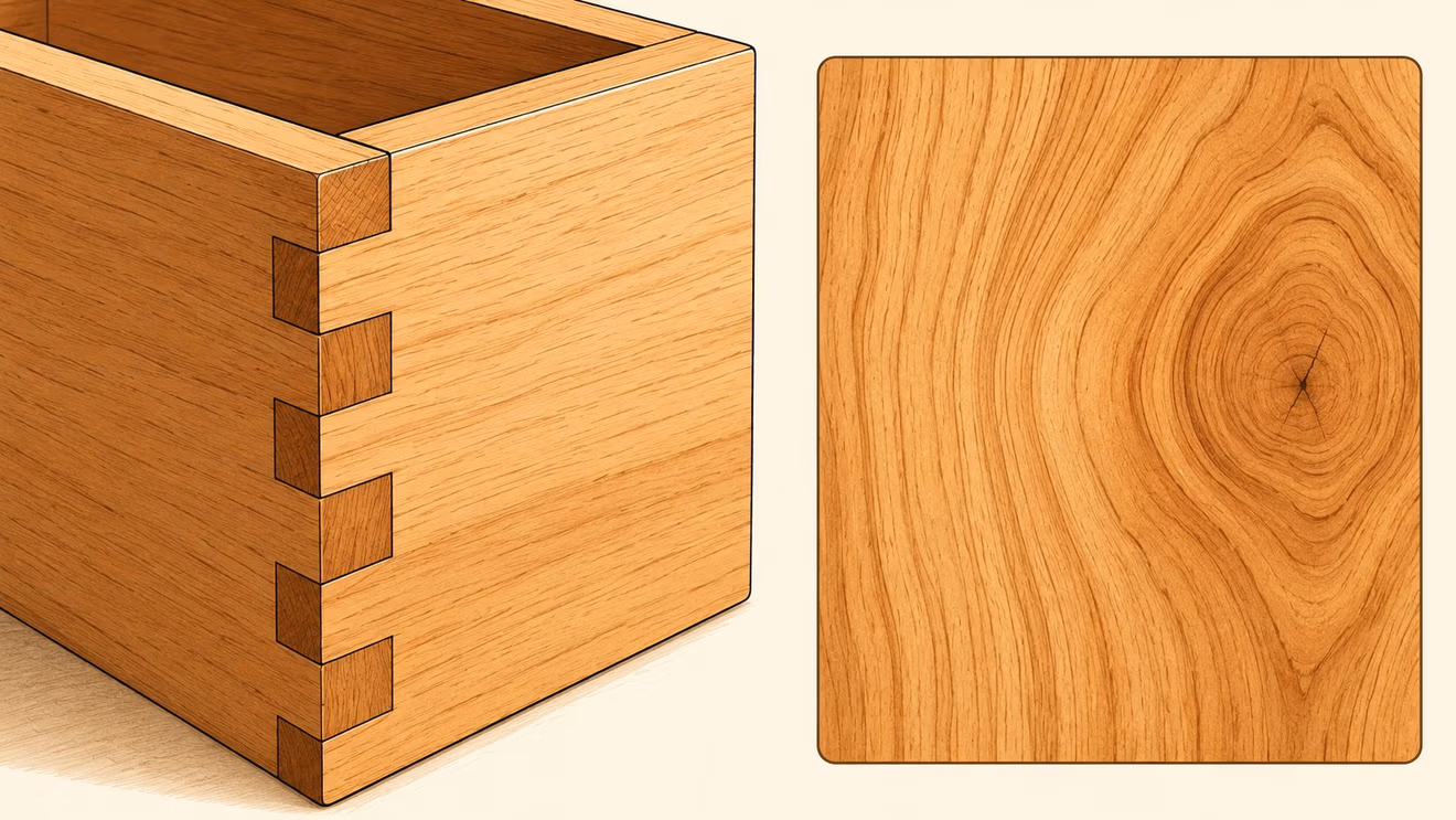 A close-up illustration of a dovetail joinery technique on a wooden box next to wood grain texture.