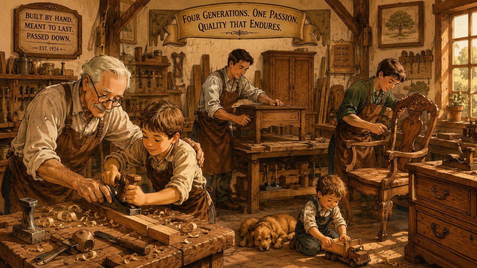 Four generations of men working together in a traditional woodworking shop with tools and wooden furniture.