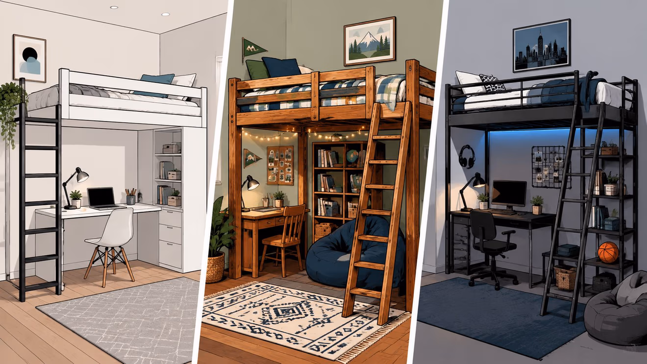 Three different modern loft bed designs featuring integrated desks, shelving, and comfortable seating areas for compact apartments.