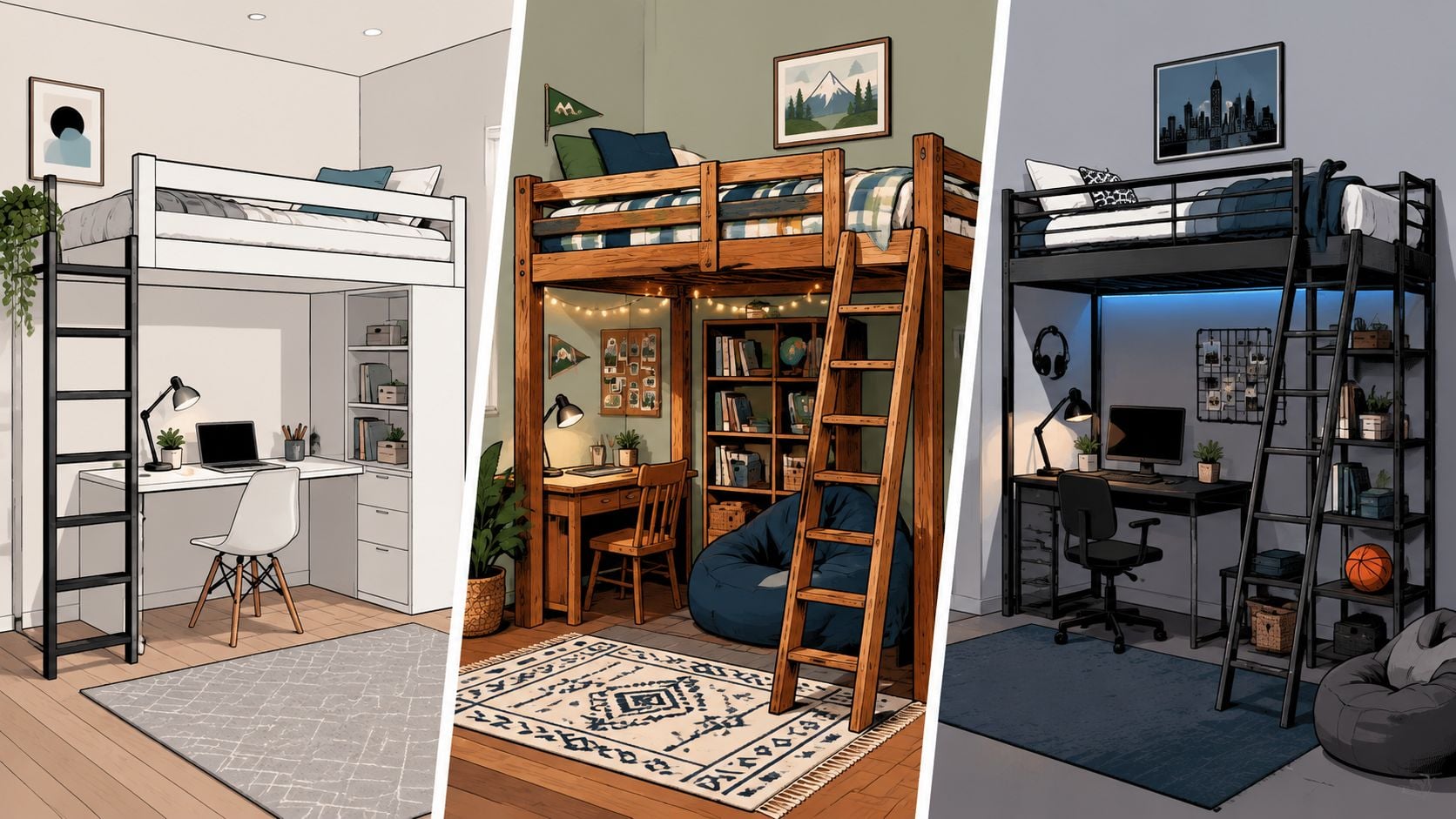 Three different modern loft bed designs featuring integrated desks, shelving, and comfortable seating areas for compact apartments.