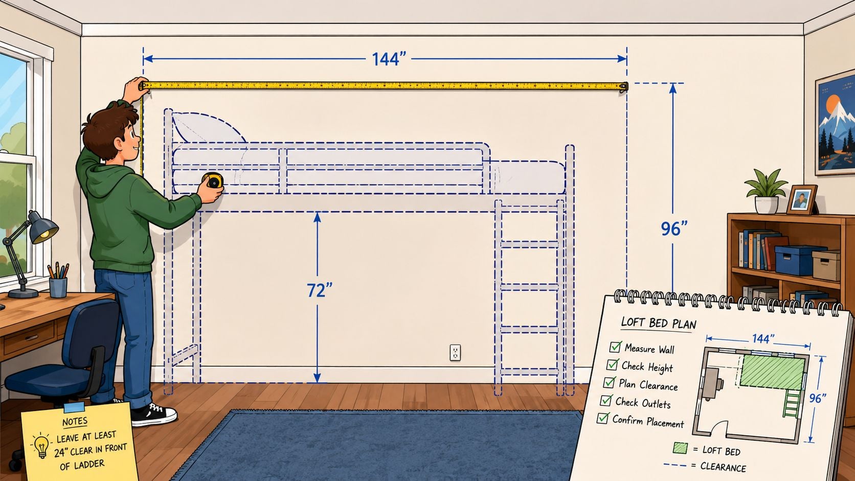 A person measuring a wall to plan for a loft bed installation in a bedroom.