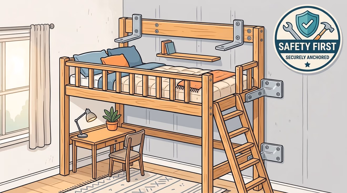 A wooden loft bed with an integrated desk and study area securely anchored against a bedroom wall.