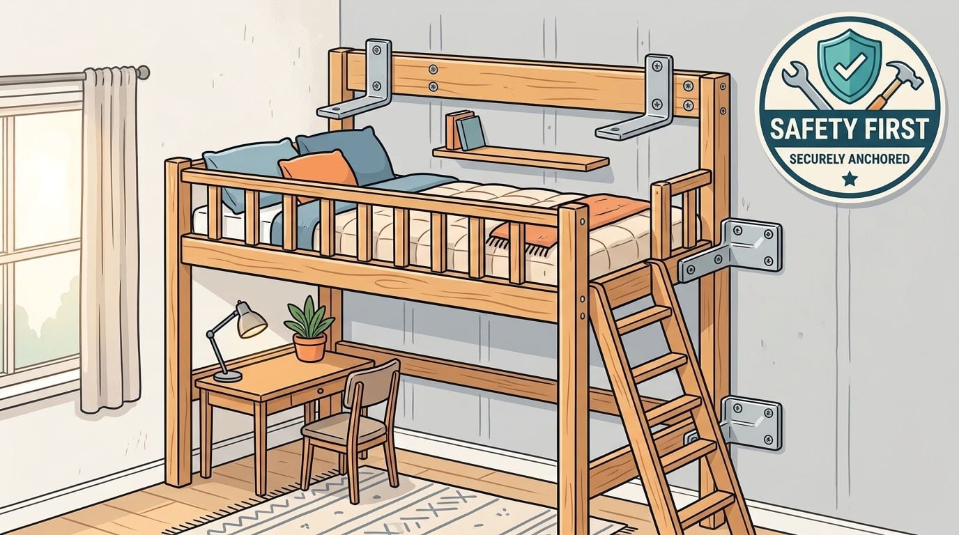 A wooden loft bed with an integrated desk and study area securely anchored against a bedroom wall.