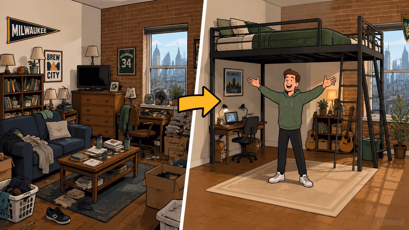 A split image showing a messy room transformed into a clean apartment featuring a space-saving loft bed.