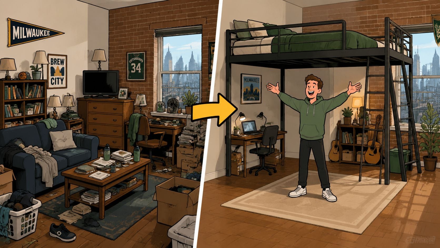 A split image showing a messy room transformed into a clean apartment featuring a space-saving loft bed.