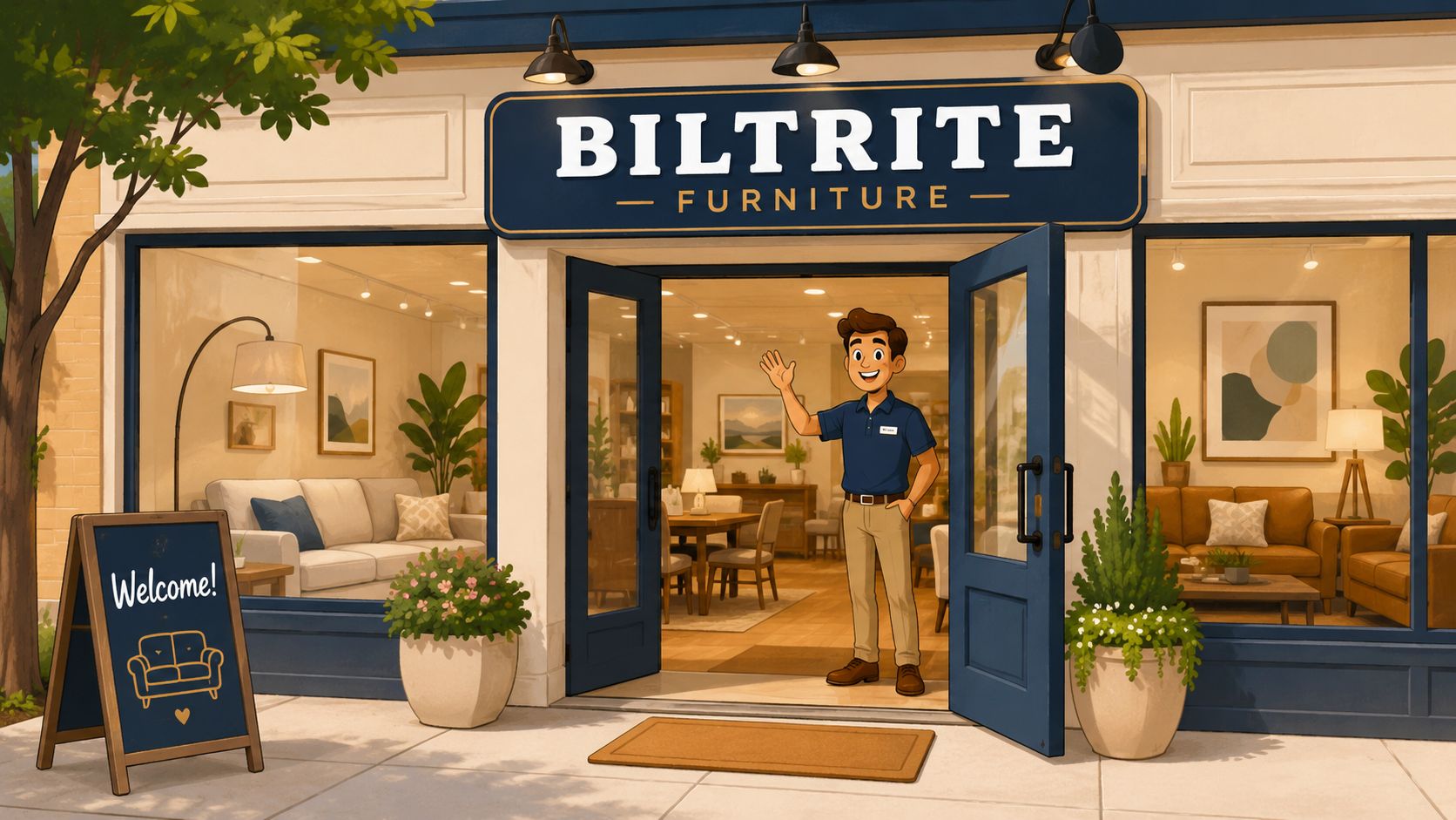 A friendly furniture store employee waves a greeting from the entrance of the Biltrite Furniture retail shop.