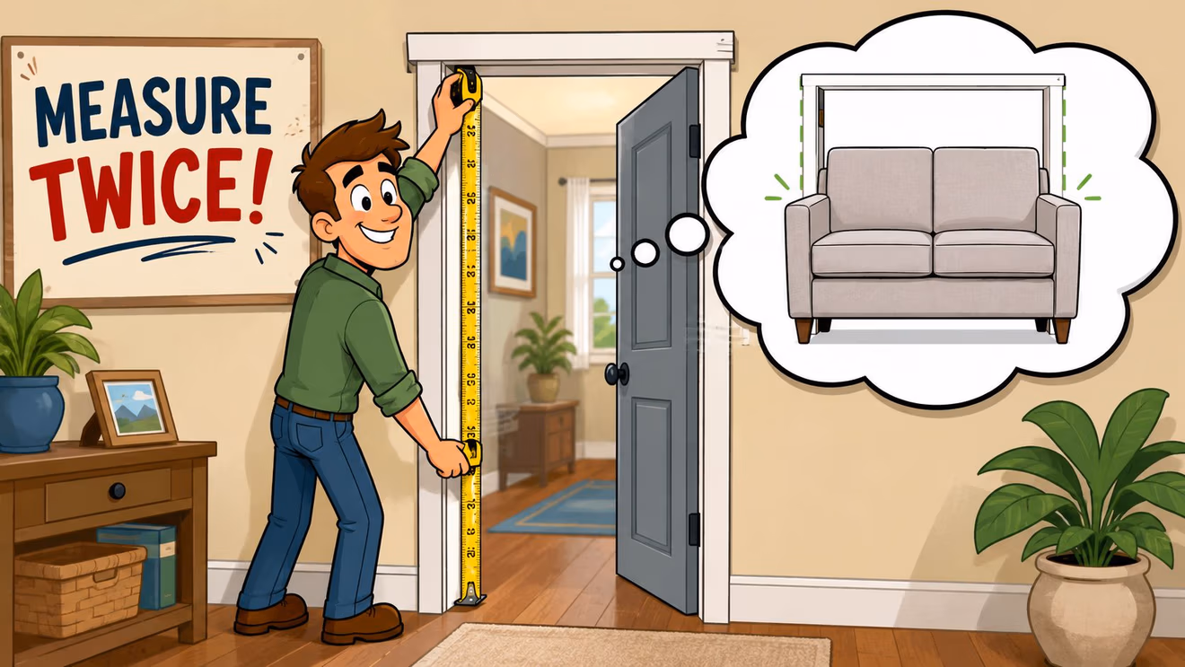 A man measuring a doorway to ensure a loveseat will fit through it.