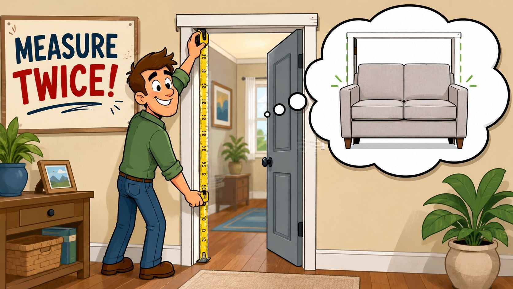 A man measuring a doorway to ensure a loveseat will fit through it.