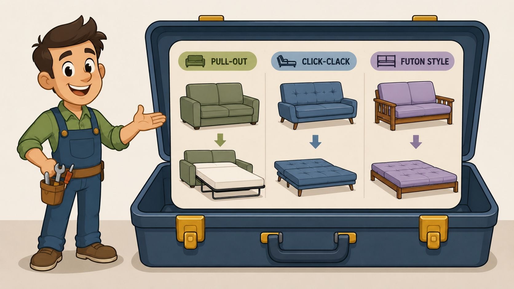 A friendly handyman showing a chart explaining the different types of sofa beds including pull-outs and futons.