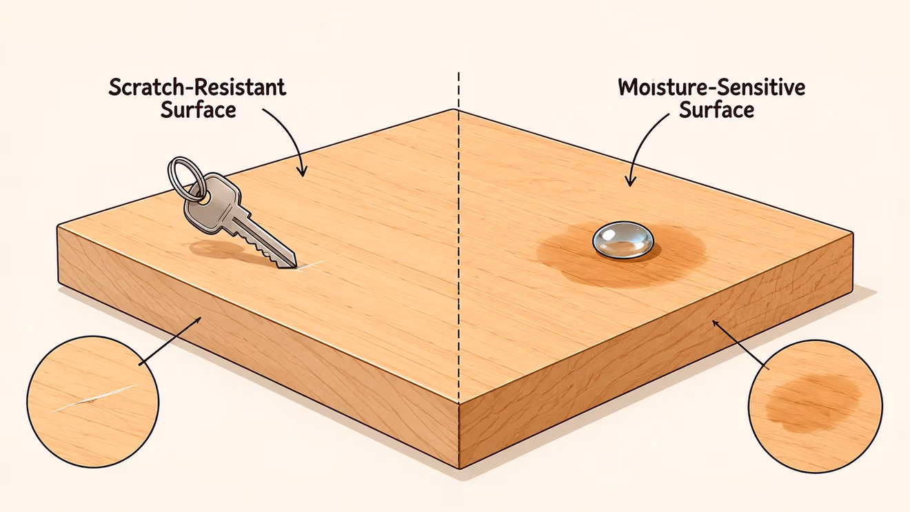 A split comparison diagram of wood panels showing scratch-resistant versus moisture-sensitive surface properties for furniture.
