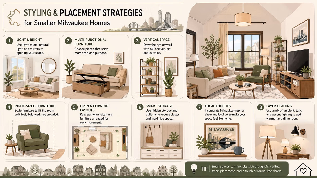 An infographic illustrating eight interior design and furniture placement strategies for optimizing smaller Milwaukee residential living spaces.