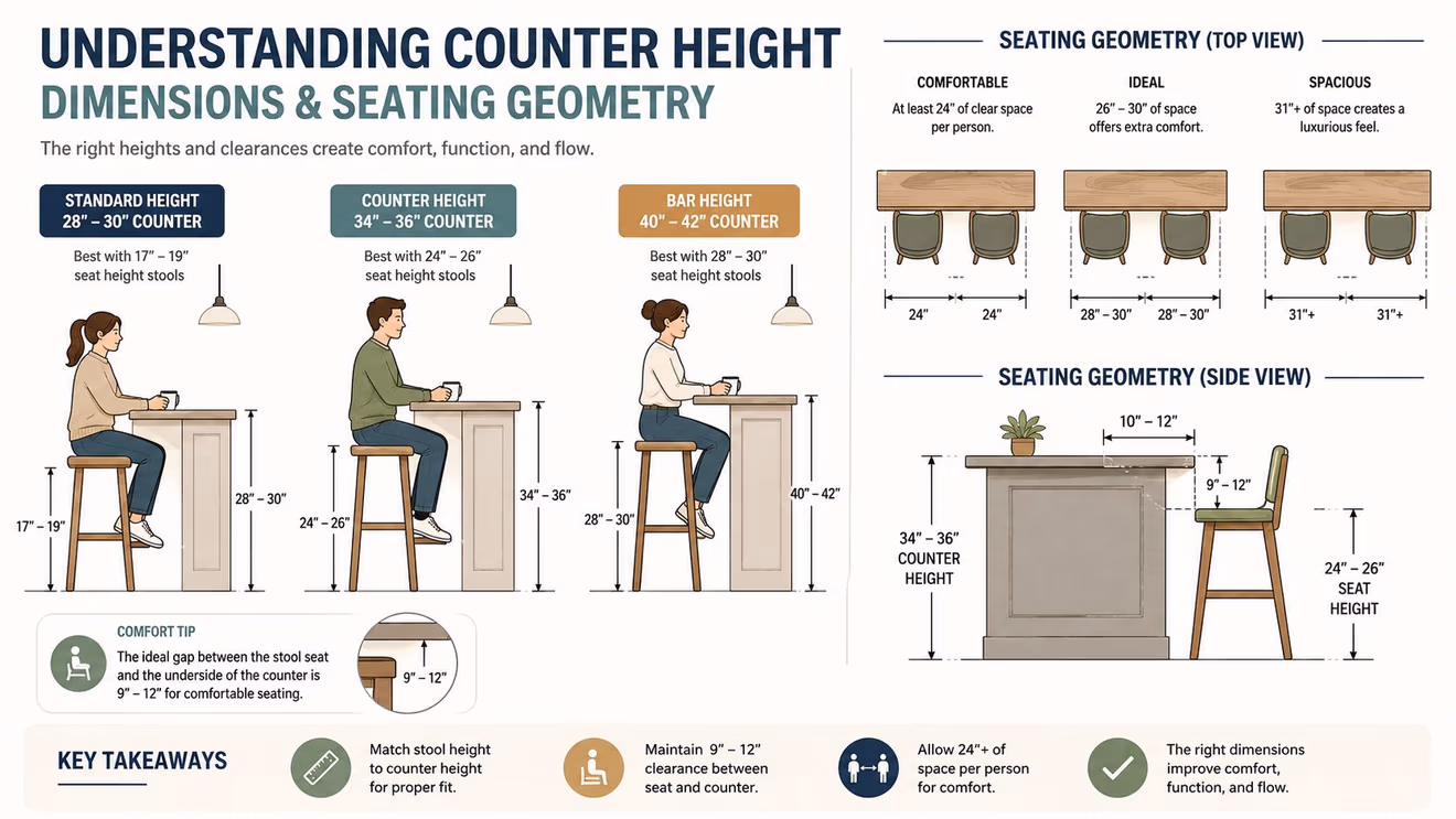 A detailed chart illustrating standard counter height dimensions, seat height stool requirements, and optimal seating spacing recommendations.