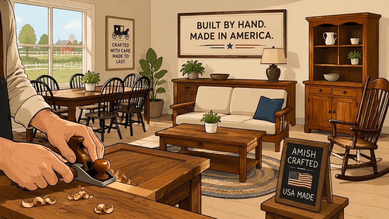 A craftsman working on wooden furniture in a cozy, rustic workshop with Amish-made home decor pieces.