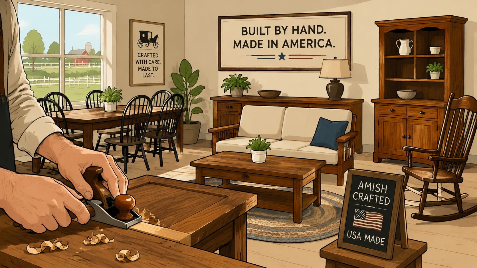 A craftsman working on wooden furniture in a cozy, rustic workshop with Amish-made home decor pieces.