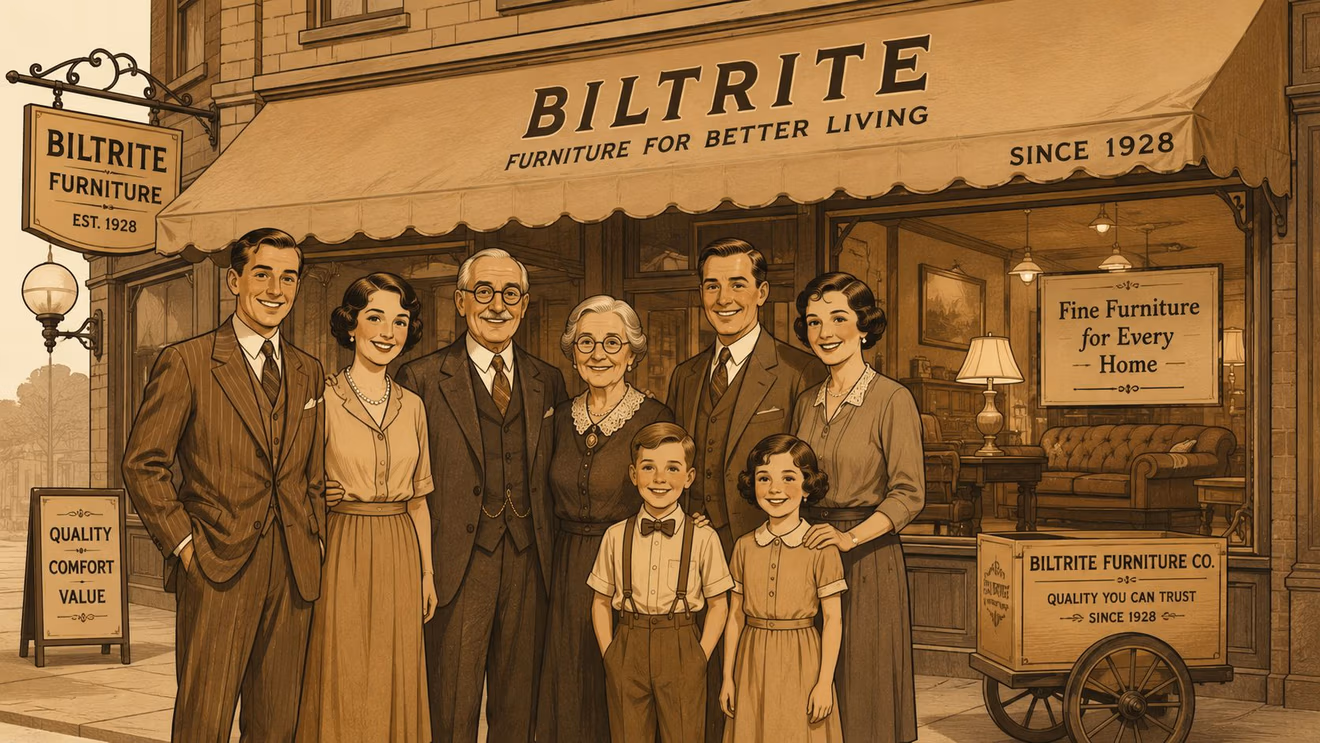 A nostalgic 1920s vintage family portrait standing in front of the Biltrite furniture store shop front.