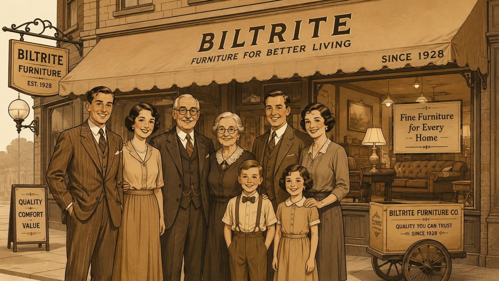A nostalgic 1920s vintage family portrait standing in front of the Biltrite furniture store shop front.