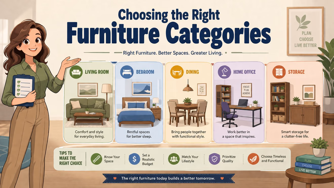 A woman presenting a guide to home furniture categories including living room, bedroom, dining, office, and storage.
