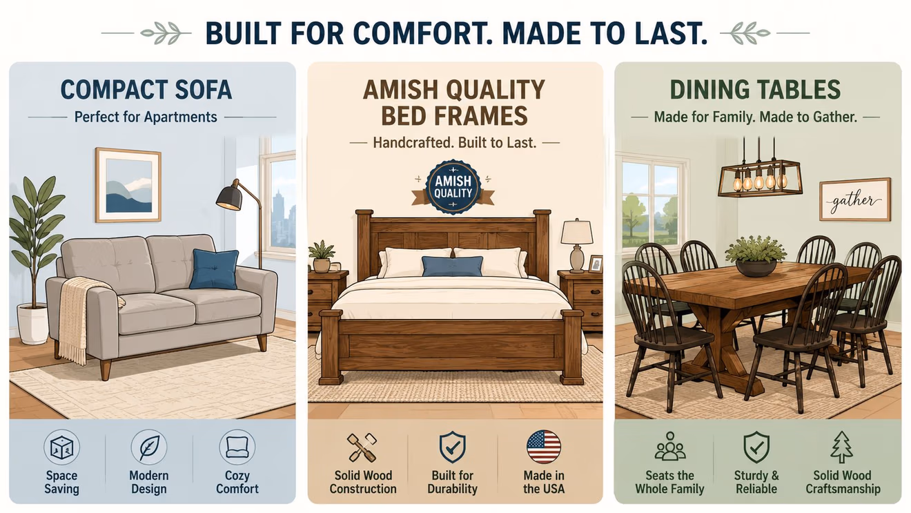 An illustration showcasing compact sofas, Amish quality bed frames, and sturdy wooden dining tables for home furnishing.