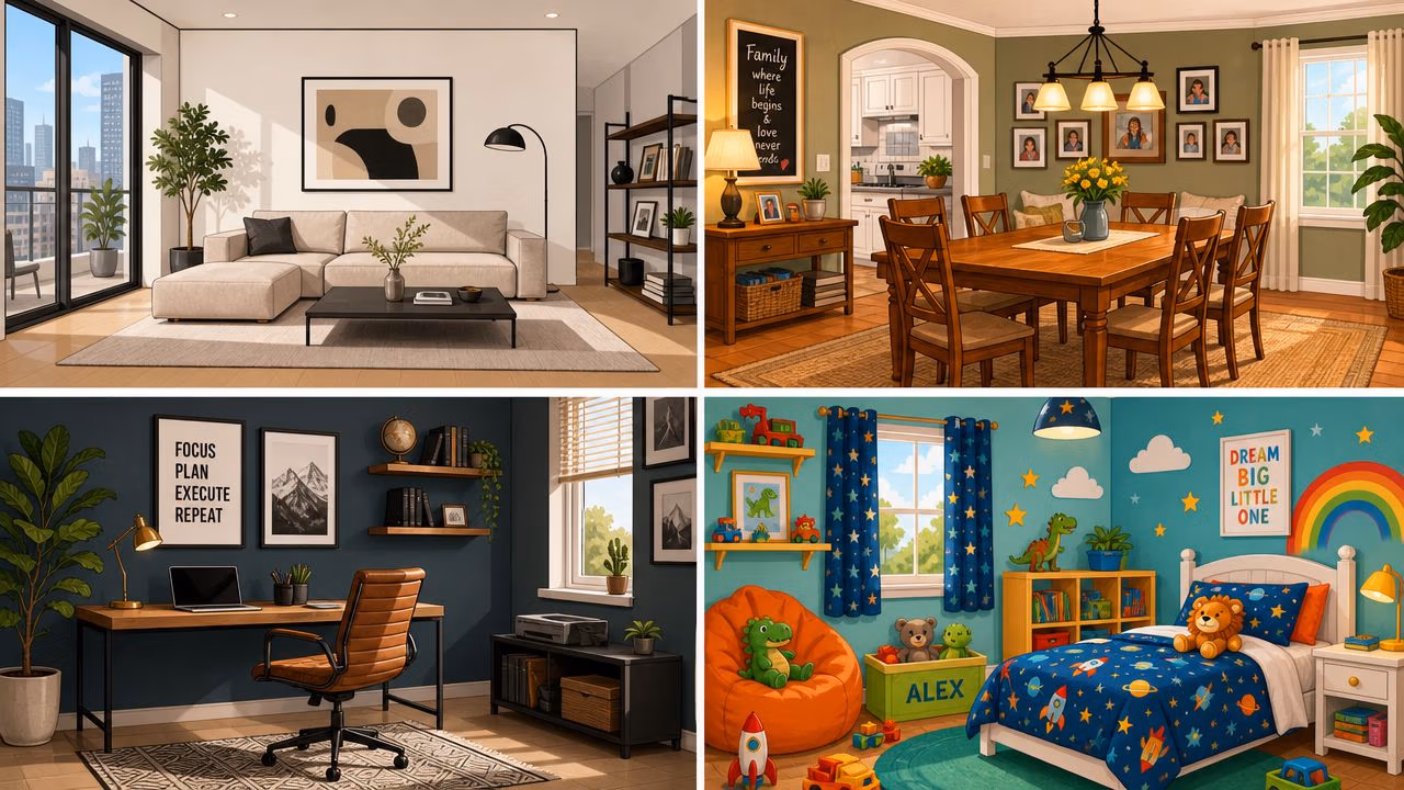 A composite image displaying four different interior design styles including a living room, dining room, office, and bedroom.