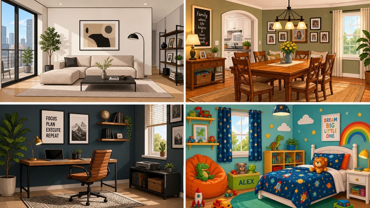 A composite image displaying four different interior design styles including a living room, dining room, office, and bedroom.